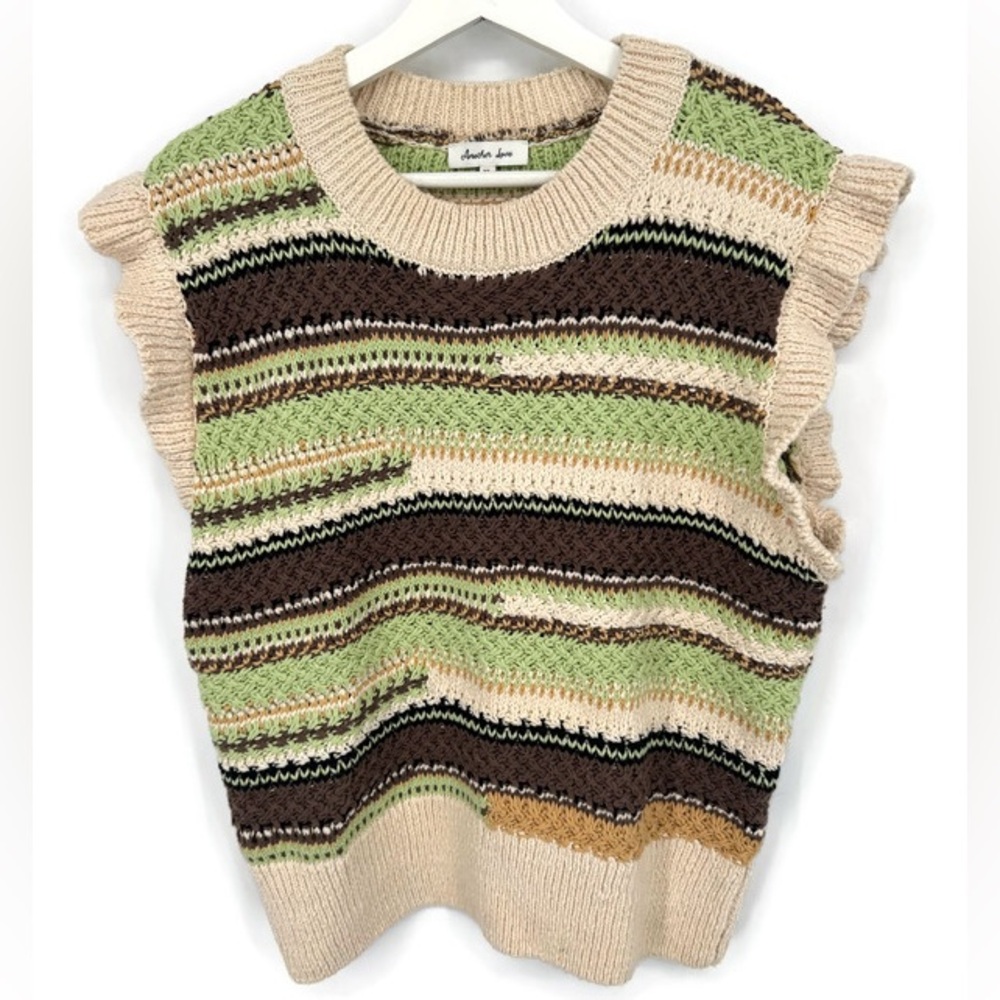 Another Love XL Chunky Knit Sleeveless Sweater Vest Ruffle Sleeve Earth‎ Tones